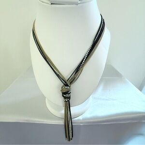 Long Silver, Gold, & Black Lariat Knotted Multi-Strand Necklace With Rhinestones